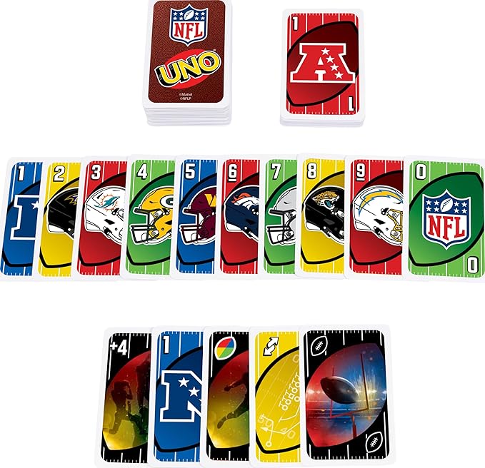 UNO NFL Edition Card Game by Mattel Games – Fun for Kids, Adults, and Family Game Night, Showcasing All 32 NFL Team Logos and a Unique Special Rule